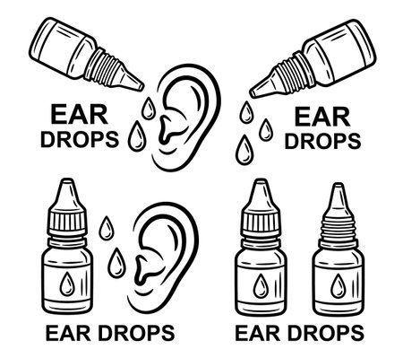 Medical ear liquid drops, medicine dropper bottle, pharmacy medication, hearing organ health, hygiene clean, otitis disease treatment line icon set. Fluid drip medicine. Vectorのイラスト素材