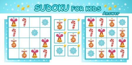 Sudoku crossword children education puzzle game, find missing Christmas tree toys. Search New Year holiday decoration ball, jingle bell, candy cane. Kid logic learning task. Vectorのイラスト素材