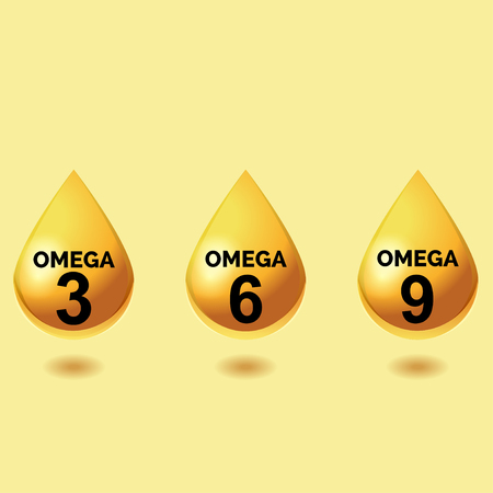 Omega fatty acids. Shiny drops of oil. Three drops of polyunsaturated fatty acids omega 3 omega 6 omega 9 on a light yellow background, how to perform simple symbolsのイラスト素材