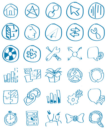 set of hand drawn doodles icon, blue color on white backgroundのイラスト素材
