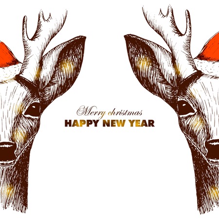 hand drawn vector illustration with a deer in red santa hat whith text merry christmas, happy new yearのイラスト素材