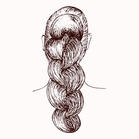 beautiful hair, a hand-drawn sketch style. Option trend styling long hair in a beauty salon. tail braided in pigtail Figure of black isolated on white background. fashion illustrationのイラスト素材
