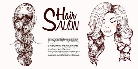 girl with beautiful hair, wavy hair, a hand-drawn sketch style. Option trend styling long hair in a beauty salon. Figure of black isolated on white background. fashion illustrationのイラスト素材