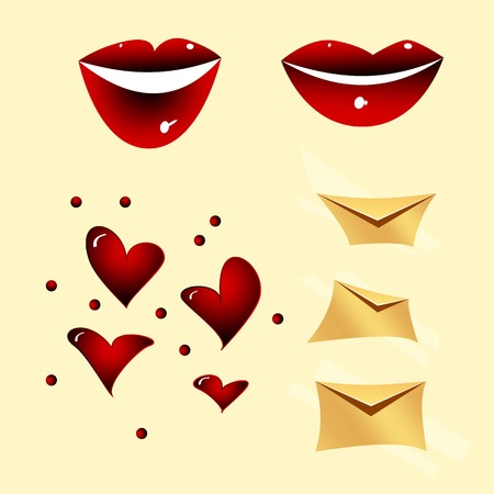 Oformneniya for Valentines Day red female lips maroon heart envelopes nvrisovannyh style cartoon banners for design postcardsのイラスト素材