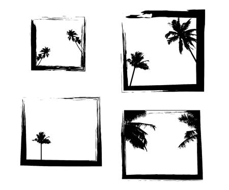 Square frames in grunge style with palm trees. Beautiful tropical beach silhouette of trees on ocean beach.のイラスト素材