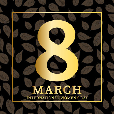 International Womens Day, greeting card. 8 March sign with the decor of spring plants, leaves and flowers. Happy Mothers Day. Trendy template design. Holiday concept for card, poster, banner.のイラスト素材