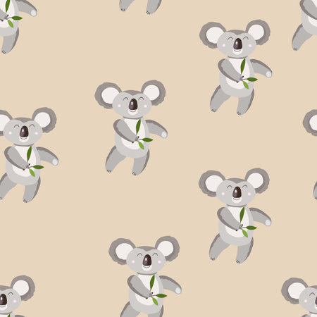 Seamless pattern with cute koala baby on color background. Funny australian animals. Card, postcards for kids. Flat vector illustration for fabric, textile, wallpaper, poster, gift wrapping paper.のイラスト素材