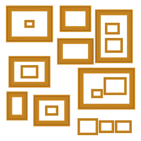 Vintage antique gold beautiful rectangular frames. Set of squared golden vintage wooden frame for your design. Vintage cover. Place for text. Template vector illustration. All standart size.のイラスト素材