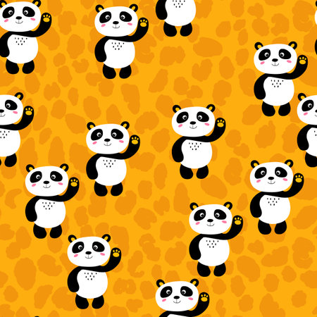 Seamless pattern with cute panda baby on color background. Funny asian animals. Card, postcards for kids. Flat vector illustration for fabric, textile, wallpaper, poster, gift wrapping paper.のイラスト素材