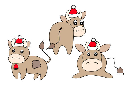 Bull in a winter hat. Vector animal illustrationfor kids. Template adorable character for your design. Colorful cartoon cute cow. New Year and Christmas symbol 2021. Isolated icon.のイラスト素材