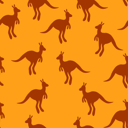 Vector flat illustration with silhouette kangaroo and baby kangaroo on fiery background. Seamless pattern on orange background. Design for card, poster, fabric, textile. Pray for Australia and animalsのイラスト素材