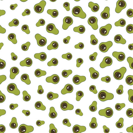 Seamless pattern with green avocado. Food background. Autumn and summer illustration with colorful cute fruits. Eco concept. Vector print for invitation, poster, card, fabric, textile.のイラスト素材
