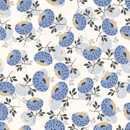 Seamless floral pattern based on traditional folk art ornaments. Colorful flowers on light background. Scandinavian style. Sweden nordic style. Vector illustration. Simple minimalistic patternのイラスト素材