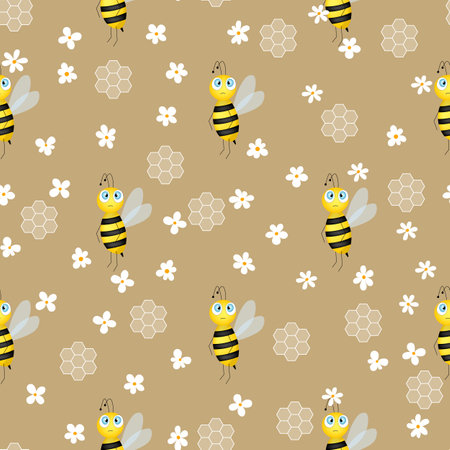 Seamless pattern with bees and honeycombs on brown background. Small wasp. Vector illustration. Adorable cartoon character. Template design for invitation, cards, textile, fabric. Doodle style.のイラスト素材