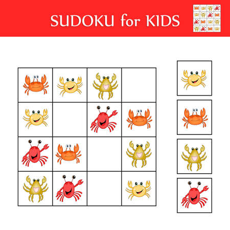 Sudoku game for children with pictures. Logic kids activity sheet. Colorful cute crabs. Educational card for children. Maths child poster. School vector illustration.のイラスト素材