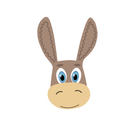 Colorful cute vector donkey face. One object on a white background. Cartoon flat illustration. Emoji funny pet animal. Embarrassed smile emotion. Template icon. Logo, sticker.のイラスト素材