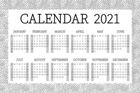 2021 calendar planner with border. Ð¡orporate week. Template layout, 12 months yearly, white and black background. Simple design for business. Week starts from Sunday.のイラスト素材