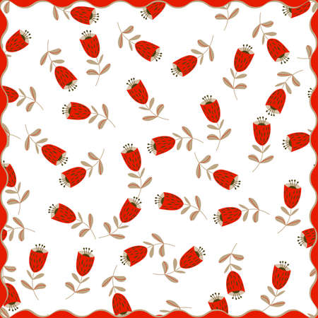 Print for kerchief, bandana, scarf, handkerchief, shawl, neck scarf. Squared pattern with ornament for fabric, textile, silk products. Paisley vector with flowers in nordic style.Floral folk tracery.のイラスト素材
