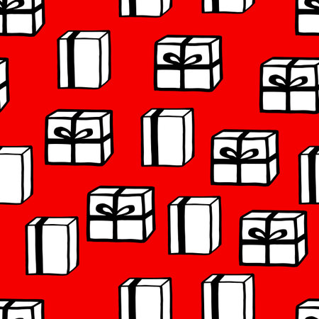 Holiday seamless pattern with present on color background. Vector illustration for Birthday, Merry Christmas, New year. Template design for invitation, poster, card, fabric, textile. Doodle style.のイラスト素材