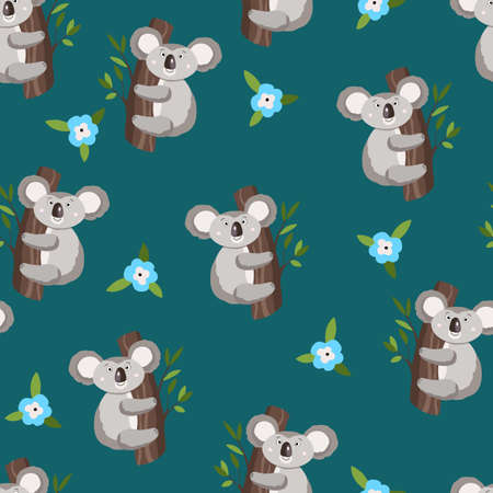 Seamless pattern with cute koala baby and flowers on color background. Funny australian animals. Card, postcards for kids. Flat vector illustration for fabric, textile, wallpaper, poster, paper.のイラスト素材