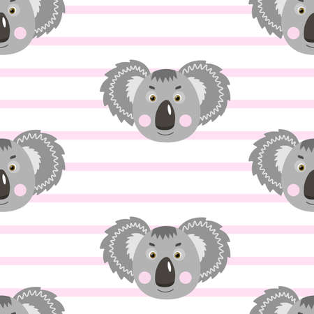 Vector flat animals colorful illustration for kids. Seamless pattern with cute koala face on white striped background. Adorable cartoon character. Design for card, poster, fabric, textile.のイラスト素材