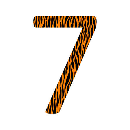 Decorative black and oranje number 7 with animal ornament. Tiger skin. Textured curved lines effect. One isolated number. Template design for card, poster, banner. Vector fashion font.のイラスト素材
