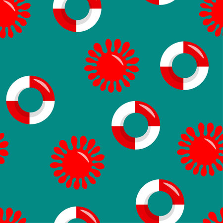 Seamless pattern wiht red and white lifebuoy and sun on blue background, summer symbol.Life Belt....