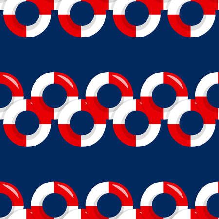 Seamless pattern wiht red and white lifebuoy on blue background, summer symbol. Life Preserver. Life Belt. Vector colorful flat illustration. Sea lifestyle. Design for fabric, textile, posters, card.のイラスト素材