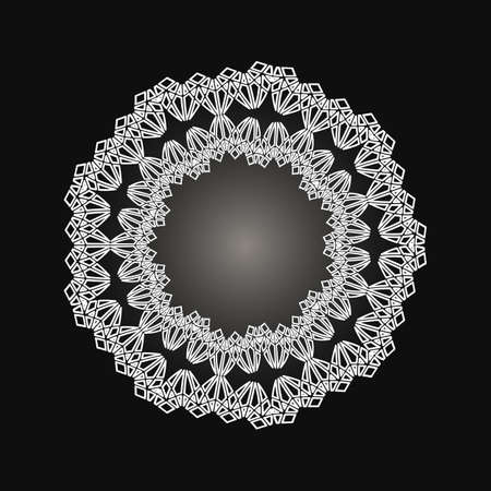 White frame with lace ornament in circle on black background. Art deco. Luxury round mandala, hand draw design. Ethnic motif. Abstract vector illustration.Template design for invitation, poster, card.のイラスト素材
