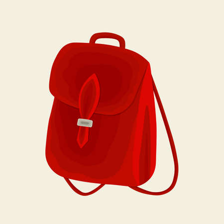 Backpack in a flat style. Leather red bag. Flat design. Fashion accessory for school. Isolated vector icon. Youth modern model. Briefcase in casual style for pupil, student, girl. Vector illustration.のイラスト素材