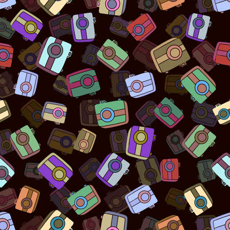 Seamless pattern with hand drown silhouette camera on color background. Summer travel. Holiday elements in doodle style, infographic. Fashion vector illustration for wallpaper, fabric, textile.のイラスト素材