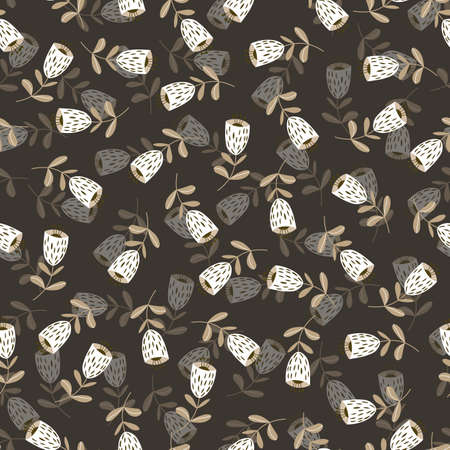 Seamless floral pattern based on traditional folk art ornaments. Colorful flowers on dark background. Scandinavian style. Sweden nordic style. Vector illustration. Simple minimalistic patternのイラスト素材