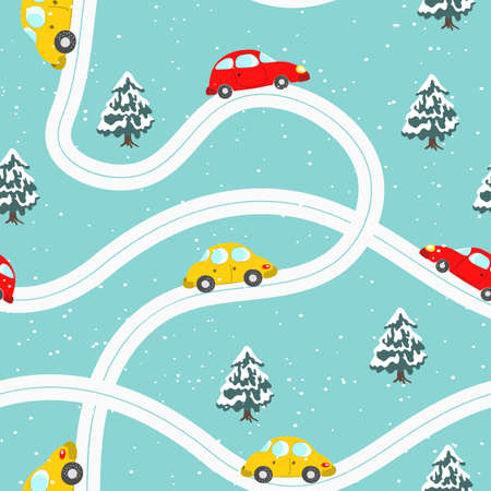 Seamless pattern with cute cars, christmas tree on blue winter background. Cartoot transport. Vector illustration. Doodle style. Design for baby print, invitation, poster, card, fabric, textile.のイラスト素材