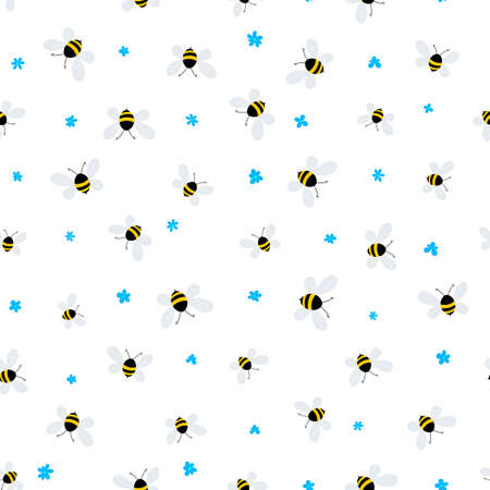 Seamless pattern with bees and flowers on white background. Adorable cartoon wasp characters. Template design for invitation, cards, textile, fabric. Doodle style. Vector stock illustration.のイラスト素材