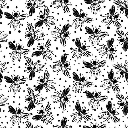 Seamless pattern with bees silhouette on white background. Adorable cartoon wasp character. Template design for invitation, cards, textile, fabric. Flat style. Vector stock illustration.のイラスト素材
