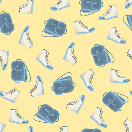Seamless pattern with backpack and boots in a flat style. Leather bags and shoes. Autumn fashion accessory for for pupil, student, girl in casual style. Vector illustration for fabric, textile, posterのイラスト素材