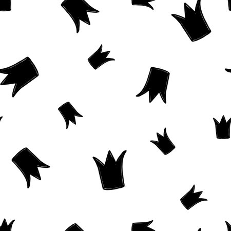 Seamless pattern with black crown silhouette on white background. Doodle vector illustration. Queen royal princess symbol. Outline design for cards, fabric, textile.のイラスト素材