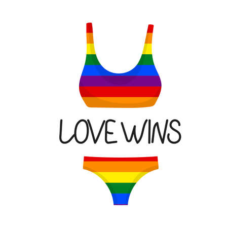 Swimsuit flat icons isolated on white background. Flag LGBT rainbow colors. Template design, vector illustration. Love wins text. LGBT logo, banner. Gay pride collection. Summer fashion bikini.のイラスト素材