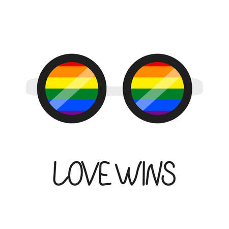 Sunglasses. Eyeglasses. Hand drawn glasses, summer symbol. Accessory. Flag LGBT rainbow colors. Template design, vector illustration. Love wins text. LGBT logo, banner. Gay pride collection.のイラスト素材