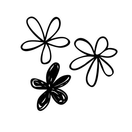 Hand drawn abstract flower silhouette. Black and white outline simple vector illustration. Decorative branches. Spring and summer leaf icon. Doodle style.のイラスト素材