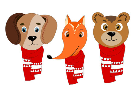 Set with colorful cute animal face in a winter scarf. Dod, fox, bear. Isolated objects. Cartoon flat illustration. Template christmas icon, sticker.のイラスト素材