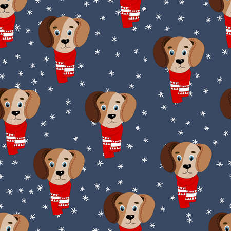 Seamless pattern with cute animal face on color background. Dog in a winter scarf. Merry Christmas and New year vector illustration for fabric, textile wallpaper, poster, gift wrapping paper.のイラスト素材