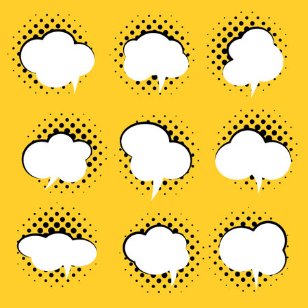 Big set of vector comic speech bubbles on color background. Isolated halftone colorl banner, empty...