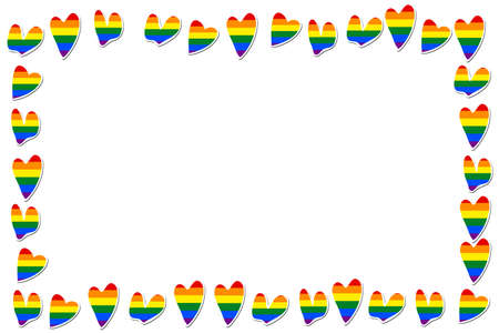Squared frame with hearts. Template holiday border, vector illustration. Love wins. LGBT logo symbols in rainbow flag colors. Gay pride collection.のイラスト素材