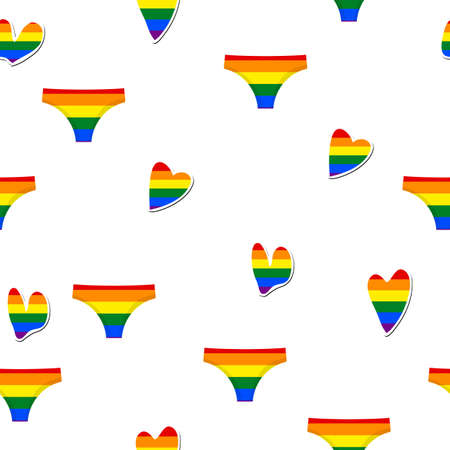 Seamless pattern with LGBT icons. Flag LGBT, hearts, swimsuit. Template design, vector illustration. Love wins. Logo rainbow symbols. Gay pride collection. Colorful Banner.のイラスト素材