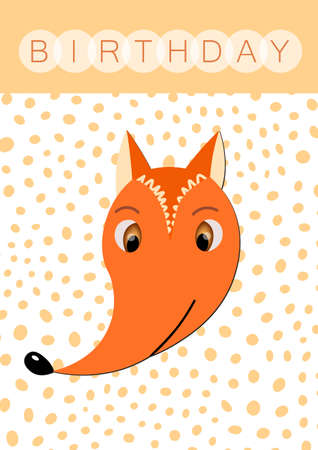 Happy birthday, holiday, baby shower celebration greeting and invitation card. Layout template in A4 size. Colorful cute vector fox face on dotted background. Cartoon flat illustration.のイラスト素材