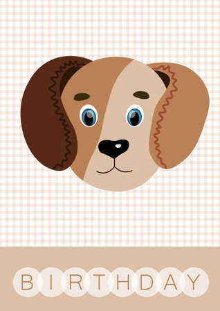 Happy birthday, holiday, baby shower celebration greeting and invitation card. Layout template in A4 size. Colorful cute vector dog face on squared background. Cartoon flat illustration.のイラスト素材
