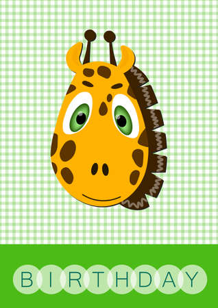 Happy birthday, holiday, baby shower celebration greeting and invitation card. Layout template in A4 size. Colorful cute vector giraffe face on squared background. Cartoon flat illustration.のイラスト素材