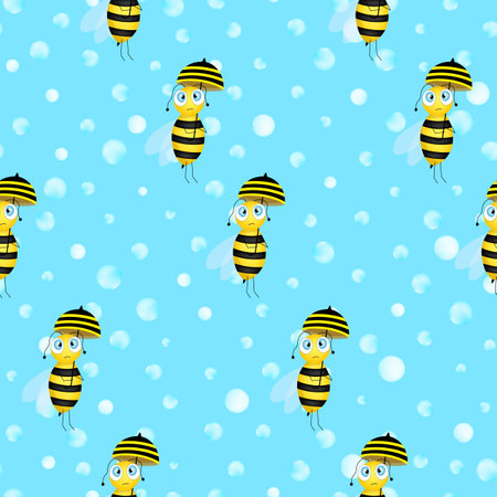 Seamless pattern with bees on blue polka dots background. Adorable cartoon wasp character. Template design for invitation, cards, textile, fabric. Flat style. Vector stock illustration.のイラスト素材