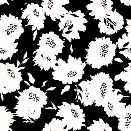 Floral seamless with hand drawn black and white roses. Cute summer background with flowers and leaves. Modern floral compositions. Fashion vector illustration for wallpaper, card, fabric, textileのイラスト素材